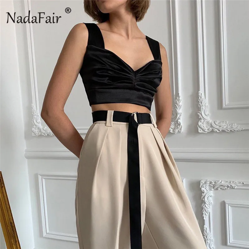 Nadafair, квадратный воротник, Ретро стиль, атласные топы для женщин, без рукавов, для клуба, летний короткий топ, белый, черный