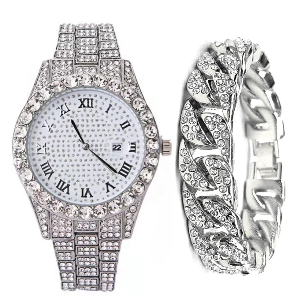 Full Iced Out Watch + Bracelet for Men Bling Miami Cuban Chain Wristwatch Man Clock Hip Hop Luxury Gold Set Women Gifts Relojes