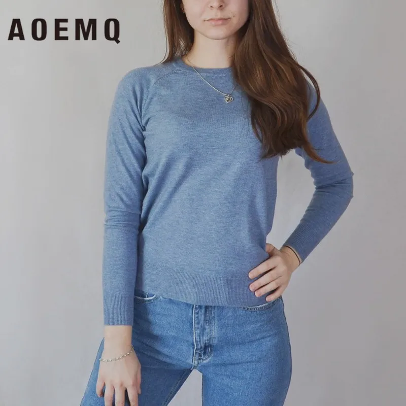 AOEMQ, модные свитера, 12 цветов, яркие, повседневные, зимние, теплые свитера, Круглый ворот, одноцветные пуловеры, хлопок, мягкая женская одежда