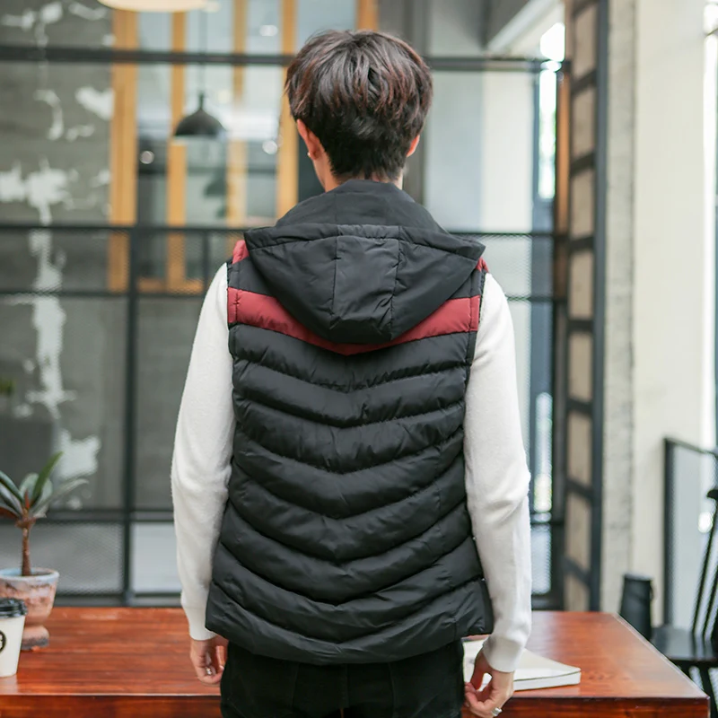Autumn Winter Men's Vest New Casual Warm Sleeveless Jacket Hooded Stand-Collar Windproof Cotton-Padded Waistcoat Patchwork