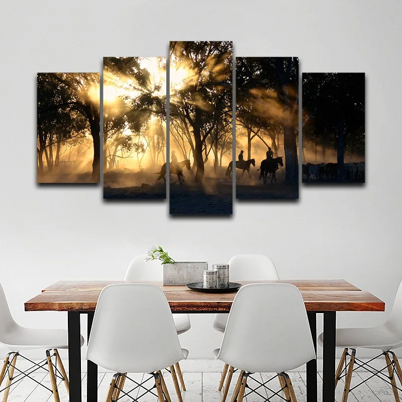 Canvas-Wall-Art-Pictures-Home-Decor-Living-Room-5-Pieces-Morning-Sunrise-Forest-Tree-Horses-Painting (5)