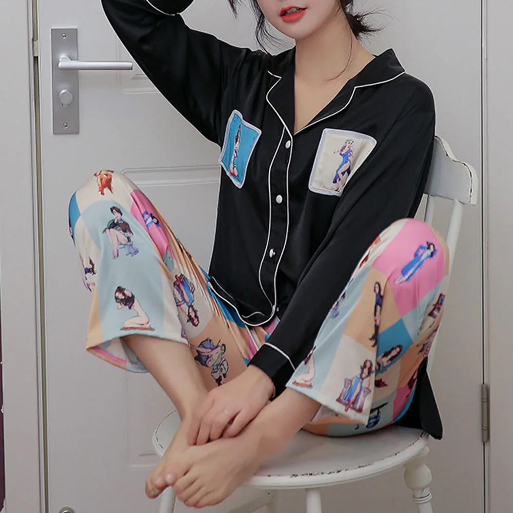 

2Pcs Cartoon Print Satin Silk Pajama Set Women Pyjama Sets Gothic Black Shirt Top Pants School Home Nightwear Pajamas For Mujer