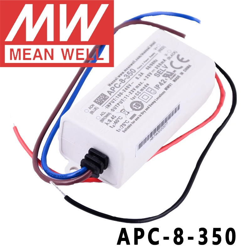 Оригинал, Mean Well APC-8-350, пластиковый чехол, 350 мА, постоянный ток, 8 Вт, один выход, светодиодный импульсный источник питания
