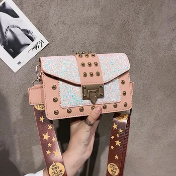 

Women's Messenger Shoulder Bags Crossbody Bags For Women 2020 Purse Fashion Rivet Small Flap Women Bag Sequins Handbags Pink