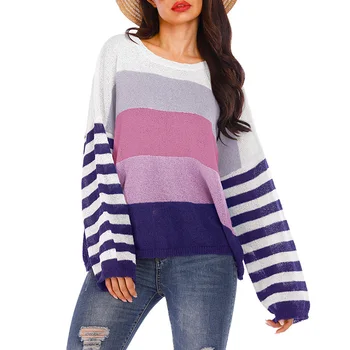 

Sweater Women Large Size Round Neck Contrast Color Striped Loose Casual Sweater Pullover Sweater