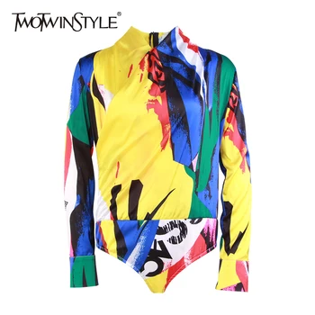 

TWOTWINSTYLE Hit Color Multi Jumpsuits For Women V Neck Long Sleeve Bodysuits Female Large Size Spring 2020 Casual Fashion