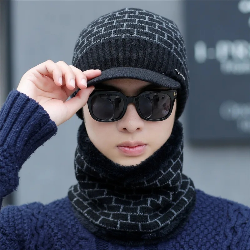 COKK зимняя шапка набор Мужская мода Skullies Beanies клетчатый узор вязаная одноцветная шапка и шарф женский теплый комплект добавить бархат защита ушей