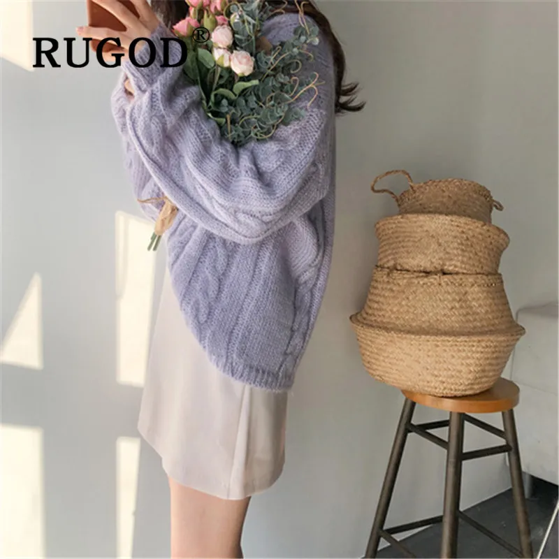 RUGOD, Осень-зима, стиль, шикарный, лавандовый цвет, вязаный пуловер, однобортный свитер для женщин, простая Мода