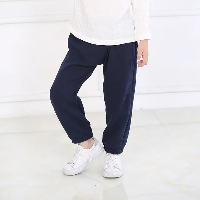 2-7 Yrs Linen Pleated 2022 Baby Boys Girls Summer Cotton Harem Baggy Pants Kids Clothes Children Sweatpants Trousers Breathable Blue