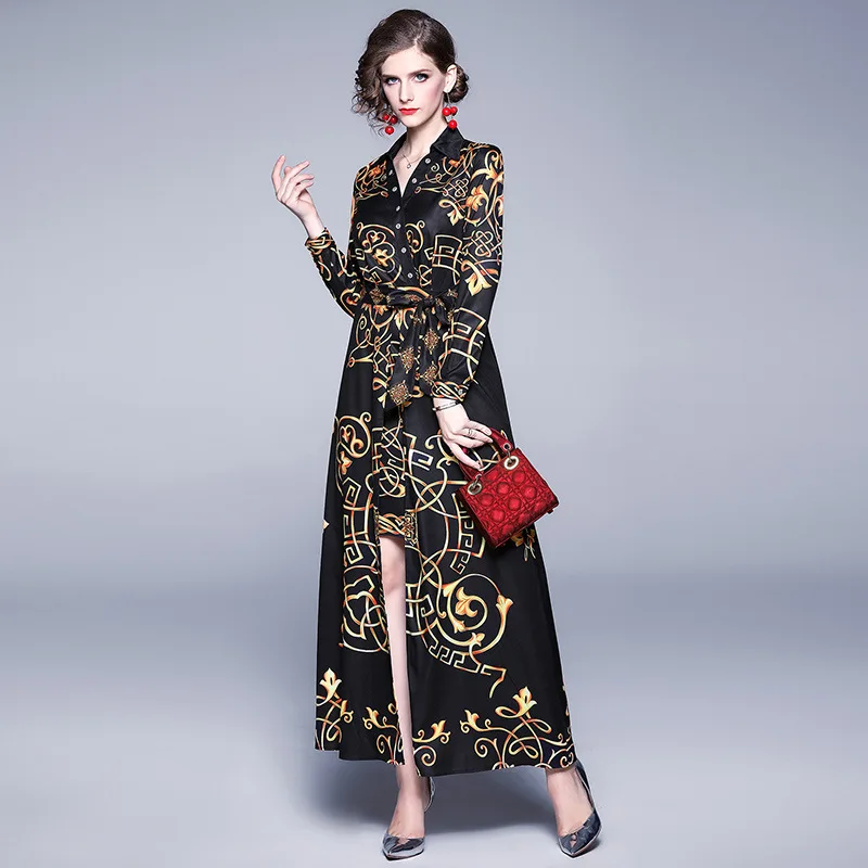 

Europe And America 2019 New Style Totem Printing Fold-down Collar Long Sleeve High-waisted Slimming Elegant Debutante Dress