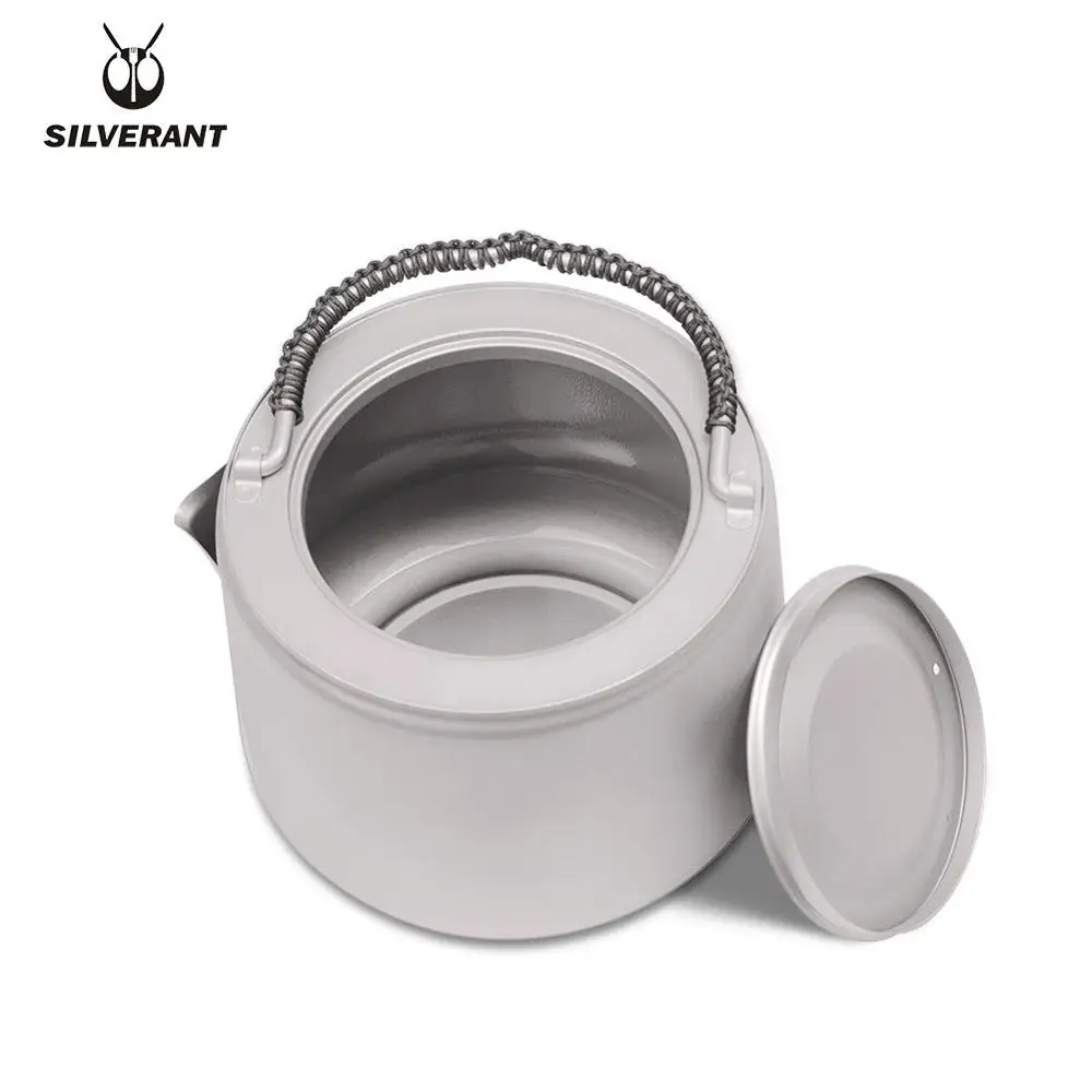 Silverant Кемпинг Titanium Чайник 1.4L Туризм на открытом воздухе Рыбалка с плетеной веревкой и фильтром Ультралегкий чайник для приготовления пищи на костре