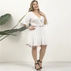 HELIAR белый шнурок глубокий v-образный вырез платье Половина рукава подол с оборками платье с каплями женщин вечерние платья летнее платье