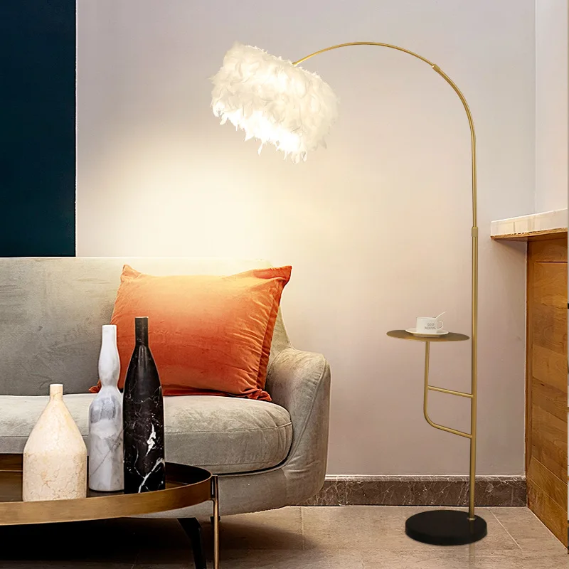 

Nordic Feather Floor Lamp Led Creative Living Room Sofa Bedroom Bedside Coffee Table Golden Fishing Cafe Brightness Dimmable