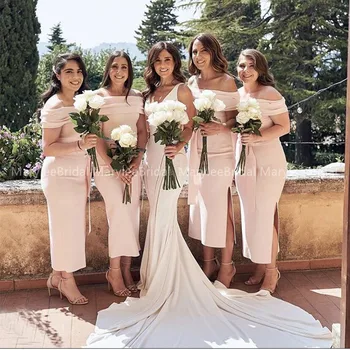 

Off Shoulder Blush Pink Tea Length Bridesmaid Dress Side Split Mermaid Wedding Guest Party Dress robe demoiselle d'honneur