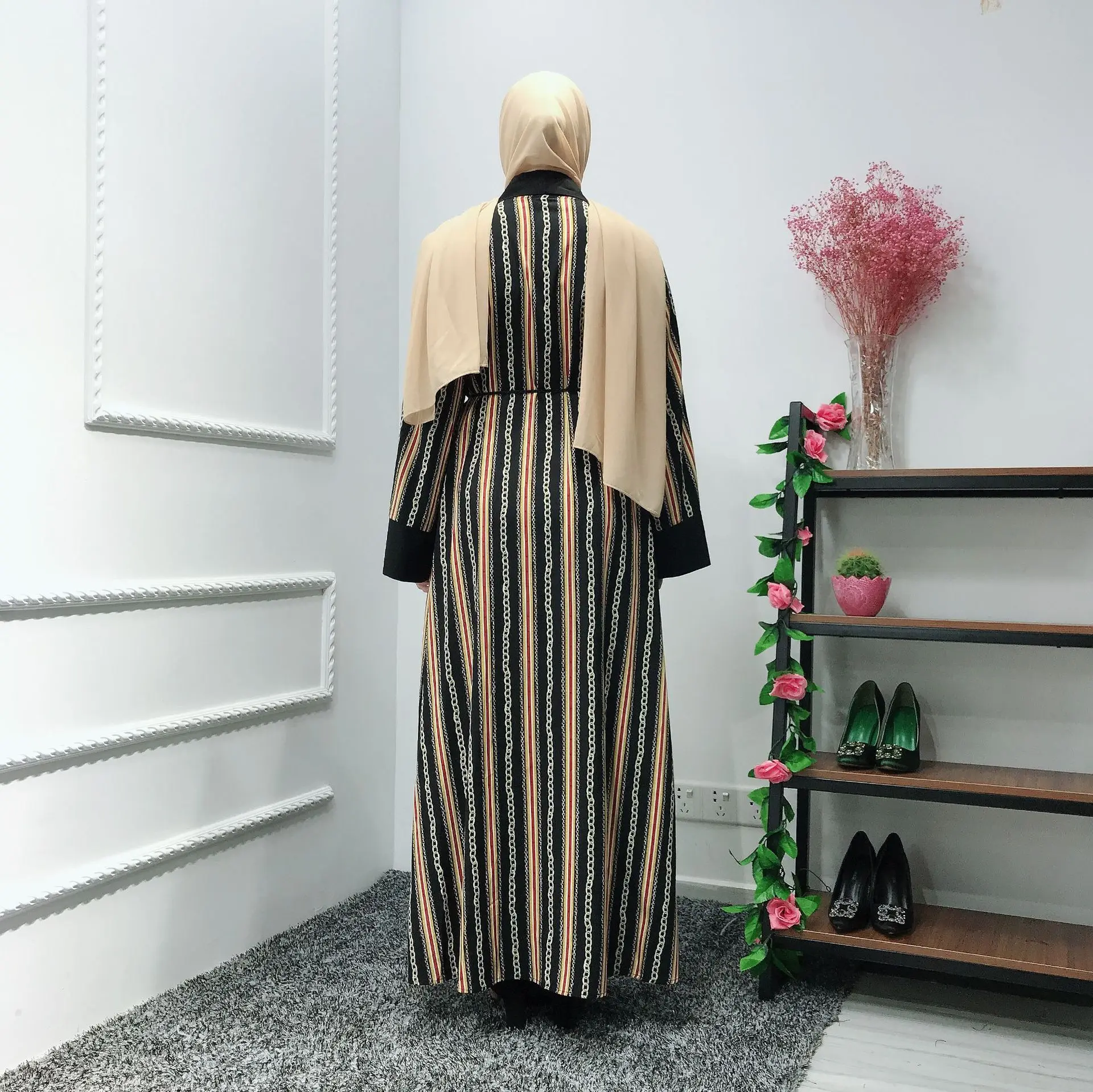 Размера плюс Дубай мода мусульманские цепи печатных абайя женский полный длина кардиган открытый абаи исламский халат wq2112