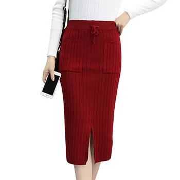 

Autumn Winter Women Knit Split High Waist Step Skirt Long Paragraph Bag Solid Color Skirt