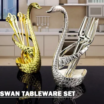 

Swan Fruit Base Holder Forks Set Stainless Steel Salad Dessert Forks Coffee Spoon Cake Tableware Zero Waste Talher Flatware