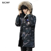 BJCJWF, мужской пуховик, зимний Камуфляжный пуховик, натуральный меховой воротник, с капюшоном, с вышивкой, длинный, толстый, теплый, белый, утиный пух, парки