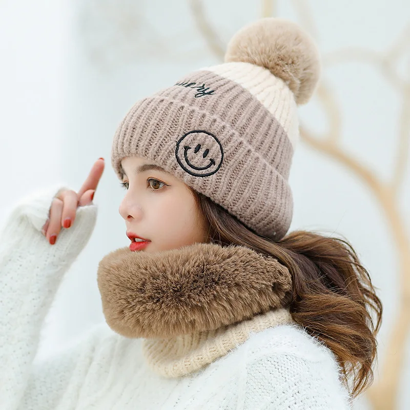 

Women Warm Scarf Knit Hat Smiley Wool Hat Color Matching Fashion Skull Cap Girl Real Mink Fur Pompom Hats Female Knitted Caps