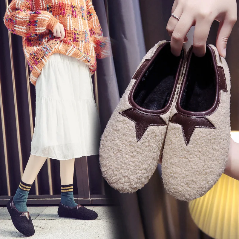

Autumn Winter Furry Shoes Women Outdoor 2019 New Arrival Fashion Woman Flat Shoes Lambswool Peas Shoes with fur Loafers Female