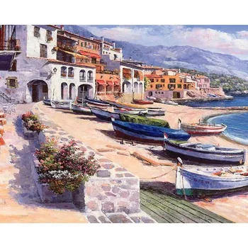 Coastal rowing boats on beach paint by numbers kit
