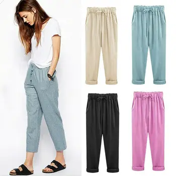 

Casual Womens Linen Cotton Drawstring Elastic High Waist Harem Pants Casual Loose Baggy Trousers