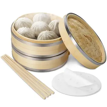 

8inch Bamboo Steamer Basket Set with Stainless Steel Banding 50 Steamer Liners and 2 Pairs of Chopsticks Chinese Steamer for Coo