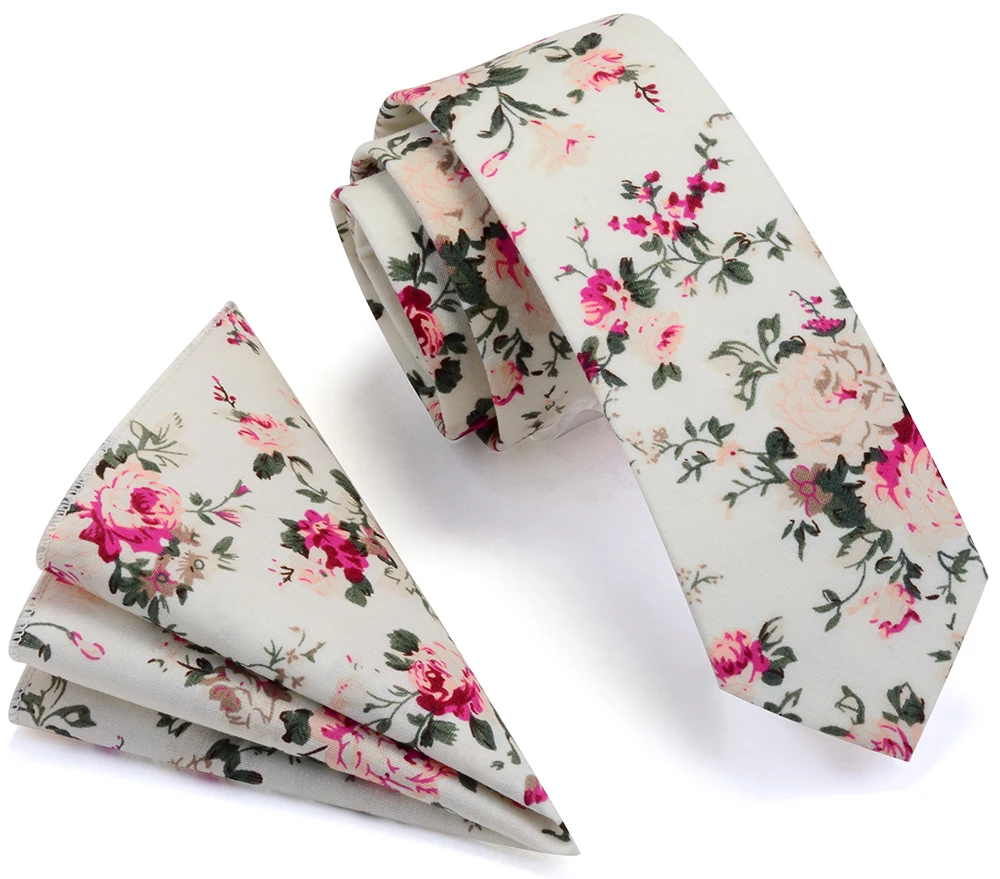 Cotton 6cm Slim Pocket Square Necktie Set Red Bule Floral Print Handkerchief Ties Set For Men Party Skinny Neck Tie Ricnais