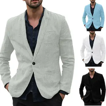 

2020 Men Slim Fit Linen Blend Pocket Long Sleeve Suits Jacket Fashion Solid Color One Button Blazer Outwear Suit Jackets