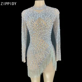 

Silver Stones Fringe Transparent Pearls Dress Bar Birthday Outfit Long Sleeves Dress Women Dance Prom Dress YOUDU