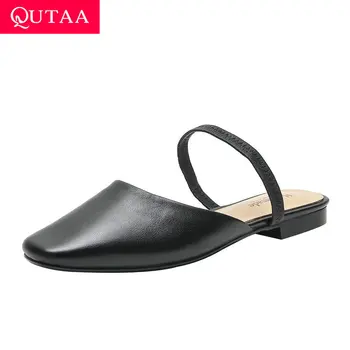 

QUTAA 2020 Retro Square Toe Women Flats Shoes Soft Cow Leather Quality Ladies Sandals Summer Slingback Concise Shoes Size 34-40
