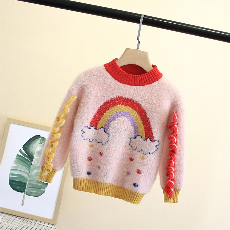 ShangTong/Новинка; От 2 до 6 лет; Радужный плюшевый свитер с оборками для девочек; Зимний Детский свитер; Детские топы; Одежда для маленьких девочек; зимняя одежда для девочек - Цвет: Pink