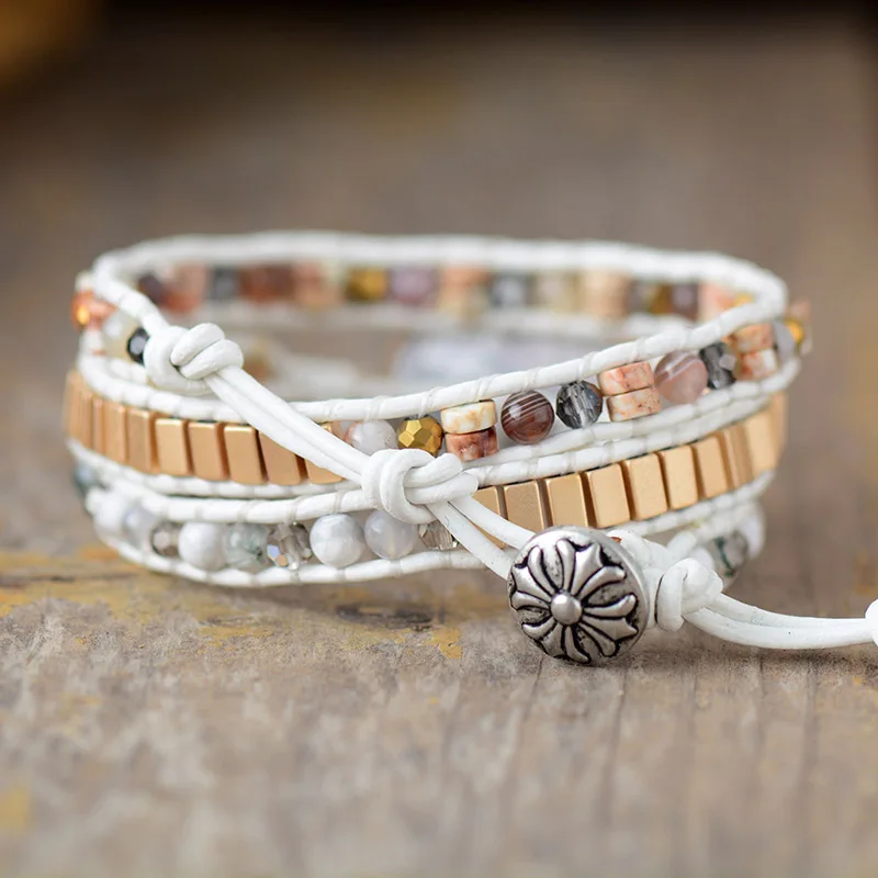 White Unisex Leather Wrap Bracelet W/ Howlite Mixed Stones Beaded 3 Strands Bracelet Men Lovers Jewelry Wholesale Dropship - Image 3