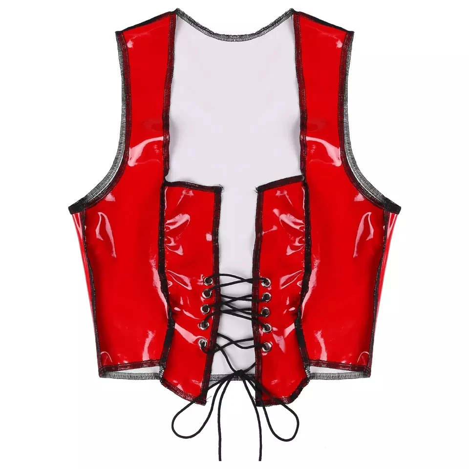Women Sexy Deep U Shiny Leather Vest Erotic Breast Exposing Glossy Patent Leather Camisole Wetlook Latex Halter Tops
