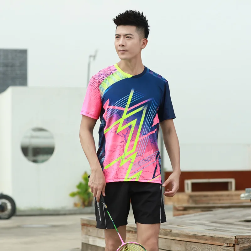 Men pink shirt Мужская и женская теннисная рубашка для бадминтона, шорты и юбки с принтом молнии, быстросохнущая спортивная одежда для улицы, командная форма для матча - Цвет: Men pink shirt