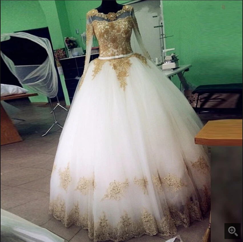 Vestidos de novia пышное белое бальное платье с длинными рукавами, свадебные платья, белые и золотистые кружевные аппликации, роскошное украшенное бисером свадебное платье