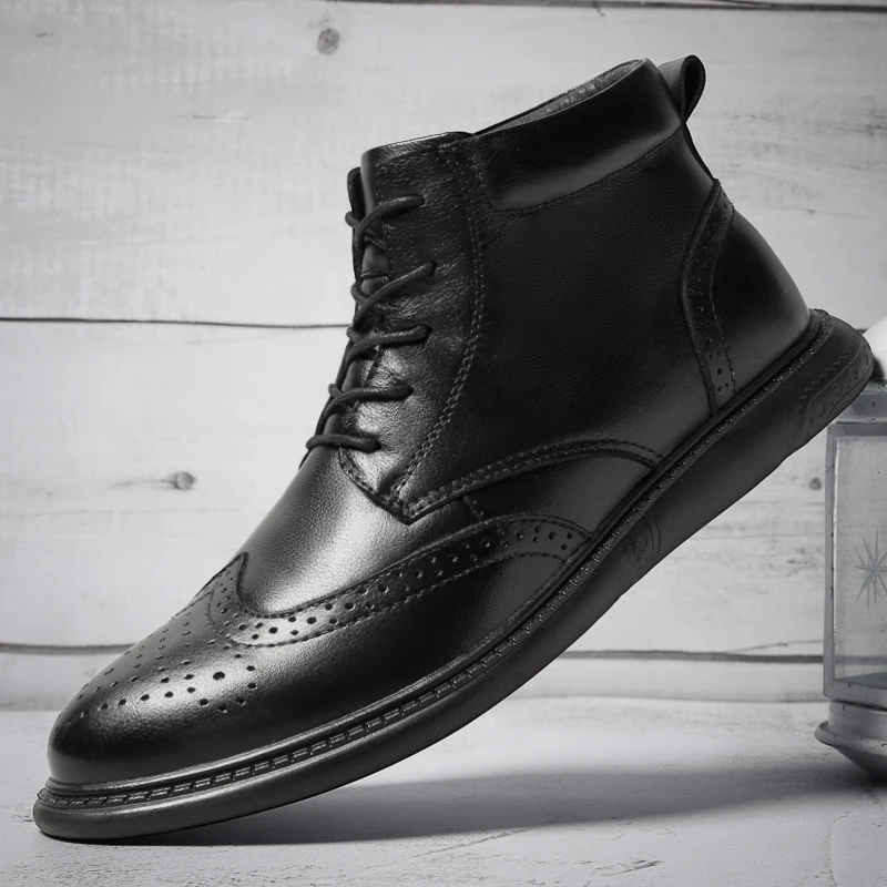 

Winter Men's Genuine Leather Warm Plush Bullock Martins Boots Fashion High Top Work Business Boots Classic Black Boots Big Size