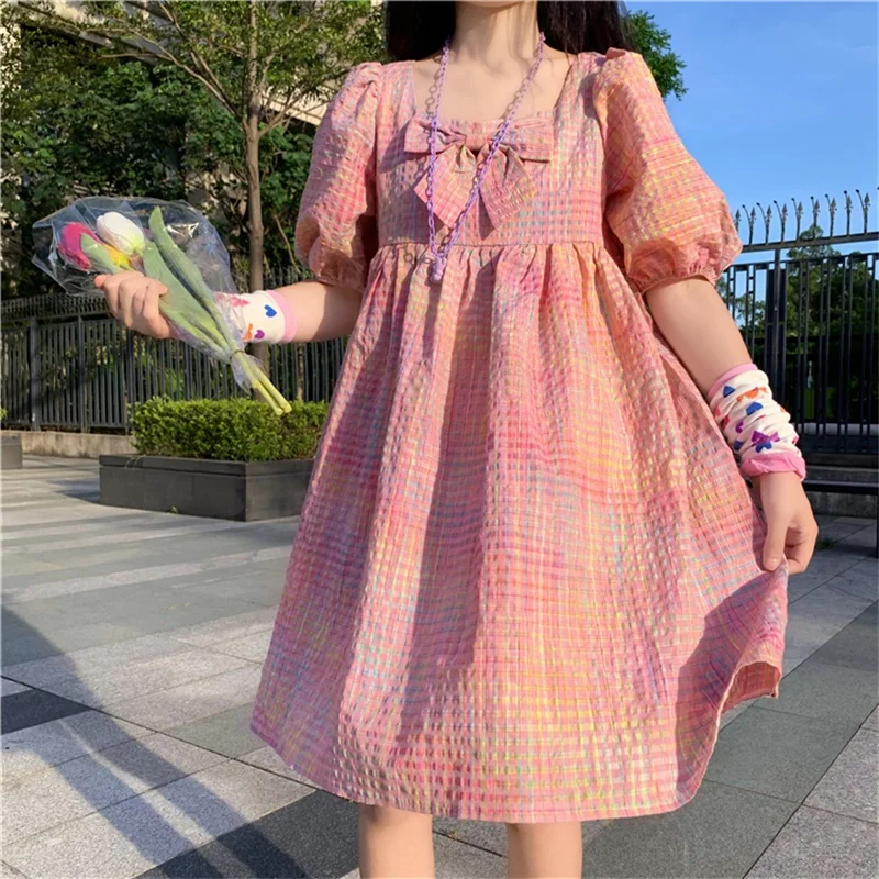 Japanese Sweet Kawaii Elegant Mori Girly Fairy Women Dress 2020 Summer Preppy Style Square Collar Bow Puff Sleeve Ruffles Female