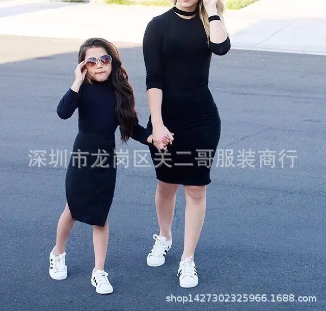 

2020 Europe And America Parent-child Matching Outfit Hot Sales Solid Color Long-sleeved T-shirt Skirt Mother & Daughter Children