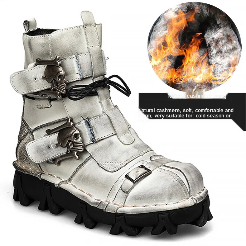 thumbnail image 1 of Botas de trabajo de cuero genuino para hombre, botas de combate militares, botas de moda Punk con calavera gótica, botas de motocicleta 50 Vintage, 1 of 5
