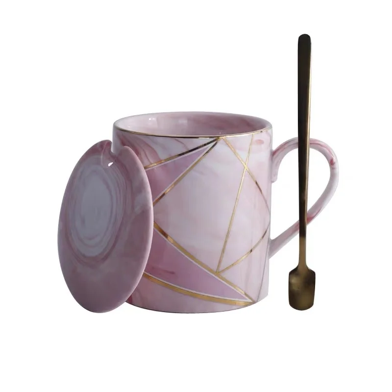 Pink with spoon lid Скандинавская мраморная керамическая кружка, чашка для кофе и воды, чашка из костяного фарфора, чашка для пары, большая емкость - Цвет: Pink with spoon lid