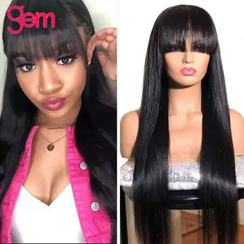 

Straight Human Hair Wigs With Bangs 28 Inch Wig GEM Remy Hair Brazilian Full Machine Made Wig for Black Women