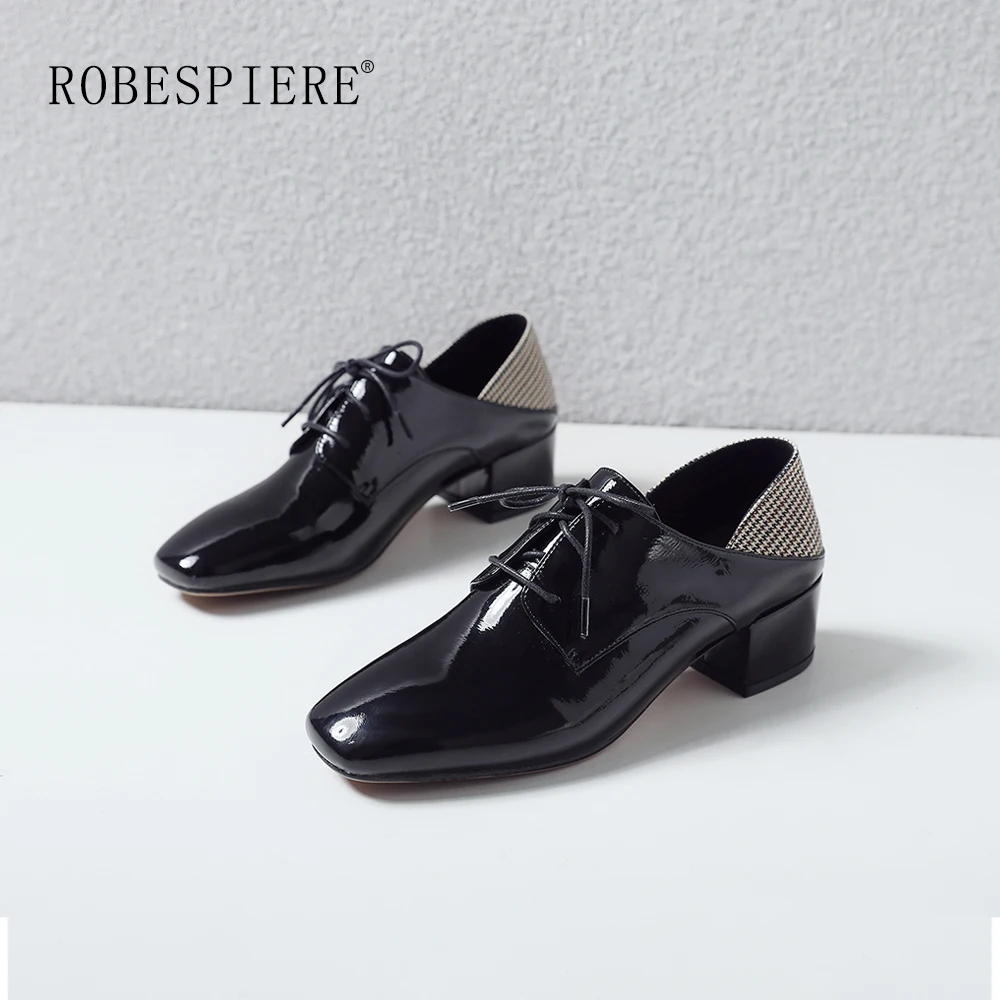 ROBESPIERE/Туфли-оксфорды в британском стиле; Новинка; женские повседневные туфли-лодочки из лакированной кожи на толстом каблуке; Женская обувь в стиле Дерби на шнуровке; A72