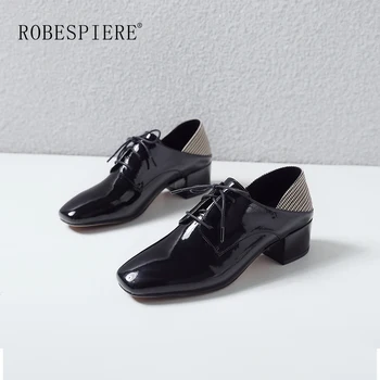 

ROBESPIERE British Style Oxford Shoes Woman New Patent Leather Thick Heel Casual Pumps Gingham Lace Up Womens Derby Shoes A72