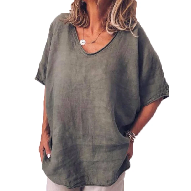  2019 Plus Size Basic T Shirt Top Cotton Linen Loose Shirts Women Casual Short Sleeve V-Neck Womens 