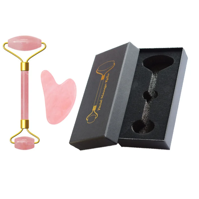 set 2 with box Розовый кристаллический камень нефритовый ролик Набор Массаж подтяжка лица роликовый лицевой массажер для похудения натуральный кварцевый камень инструмент для массажа шеи - Цвет: set 2 with box