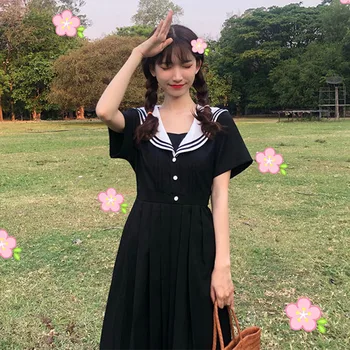

Summer Women Black Midi Dress Japanese Mori Girl Sailor Collar Casual Loose Preppy Dress Elegant Sweet Kawaii Pleated Dress