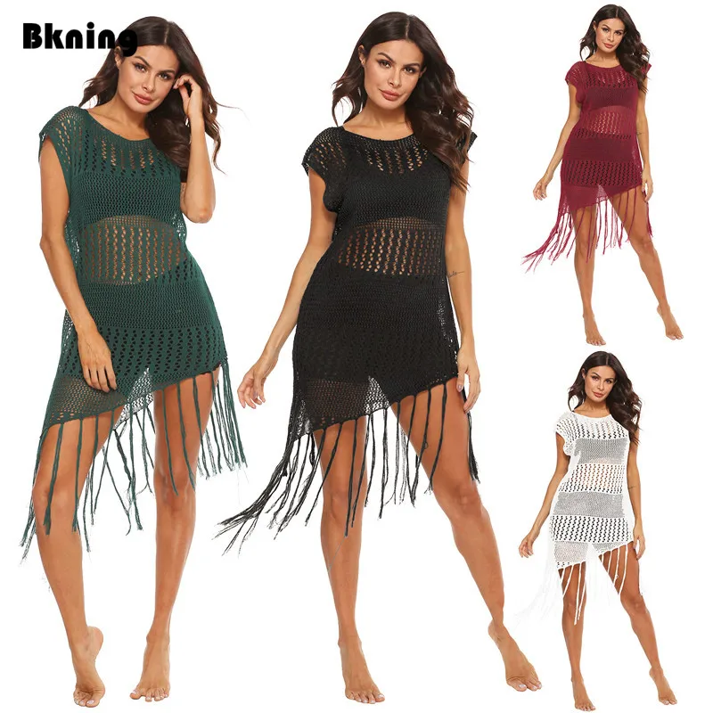 

Womens Beach Cover Up Dresses Long Tassel Fishnet Tunic Bathing Suit Coverups Wrap Black Bikini Swim Dress 2020 Plus Size S- XL