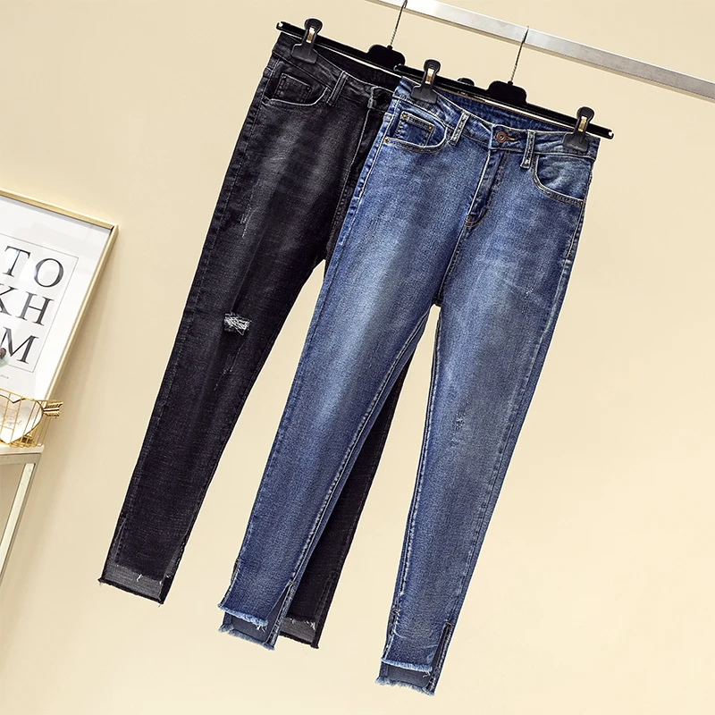 

2019 New Women's Jeans Fashion Personality High Waist Elastic Thin Women Distressed Jeans Plus Size 5XL Ankle-Length Pants 90s