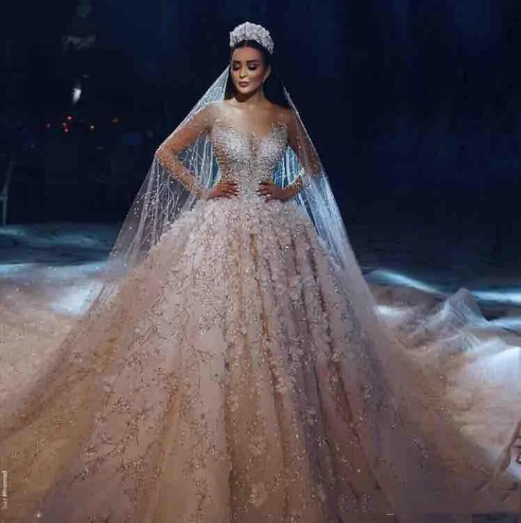 Роскошное бальное платье с длинными рукавами, свадебные платья, украшенные кристаллами, с 3D цветочной аппликацией, Саудовская Аравия, кружевные свадебные платья размера плюс